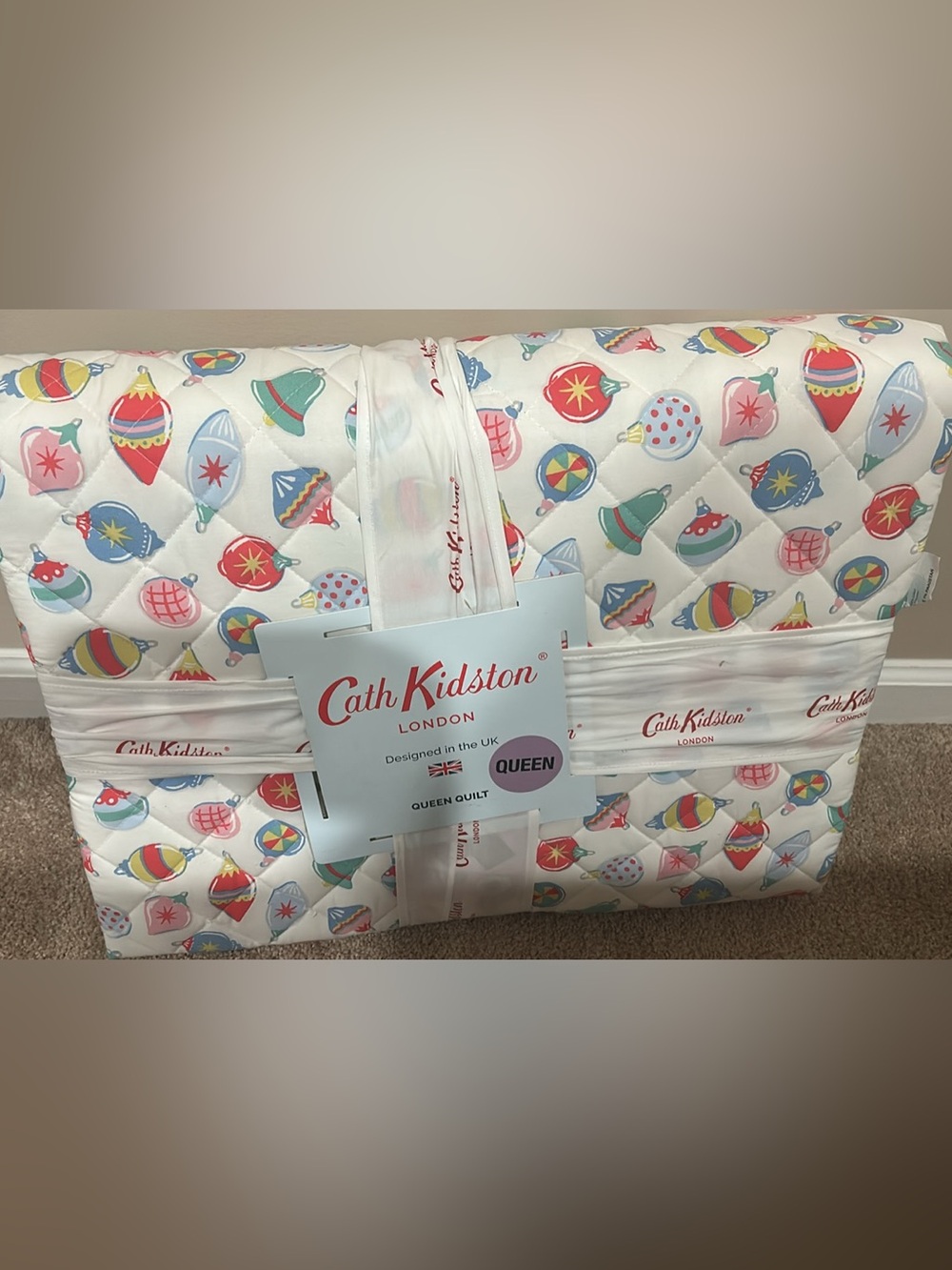 Cath Kidston Quilted Queen Quilt - Festive Ornament Print - White Base